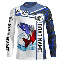 Load image into Gallery viewer, Walleye Fishing blue camo American Flag Custom name & boat name performance Long Sleeve Fishing Shirts NQS3457
