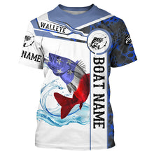 Load image into Gallery viewer, Walleye Fishing blue camo American Flag Custom name & boat name performance Long Sleeve Fishing Shirts NQS3457