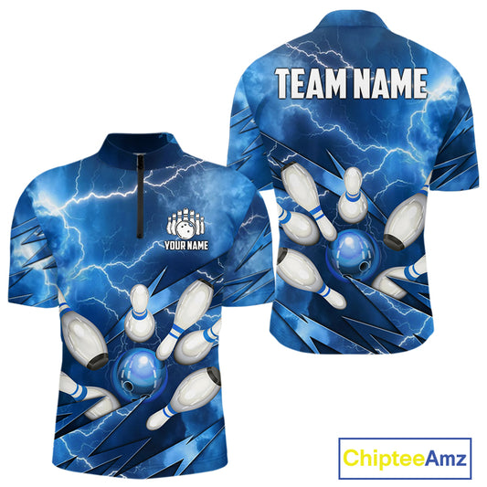 Blue Lightning Thunder Bowling Shirts For Men Custom Bowling Team League Jersey, Gift For Bowlers NQS10860