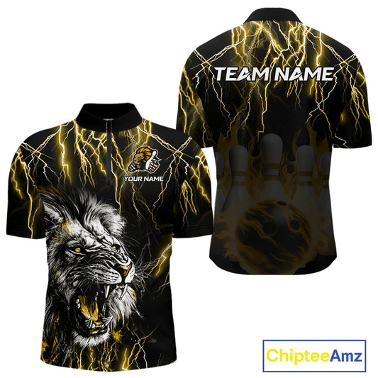 Black and Yellow Lightning Thunder Lion Bowling Shirt For Men Custom Lion Bowling Team Jerseys NQS11045