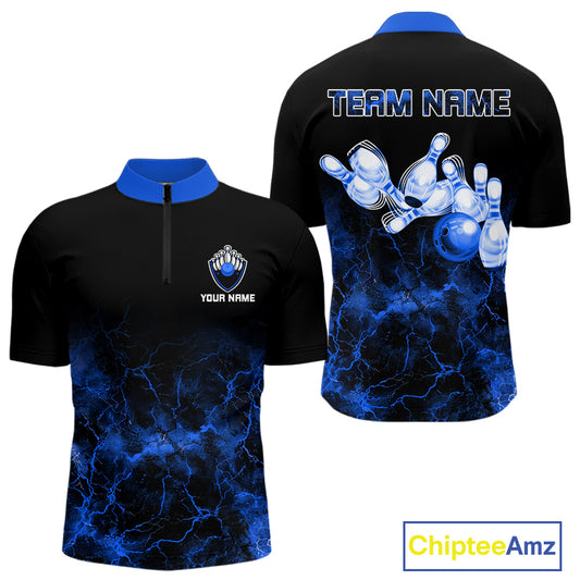 Personalized Men's bowling shirts Blue lightning Bowling Ball Pins bowling jerseys for Bowler NQS10633