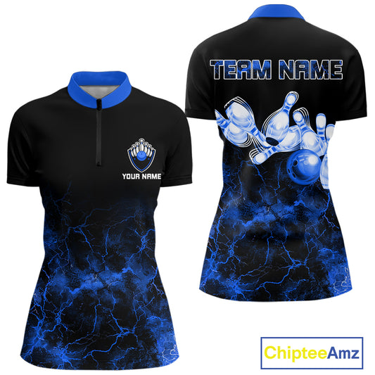 Personalized Women's bowling shirts Blue lightning Bowling Ball Pins bowling jerseys for Bowler NQS10633