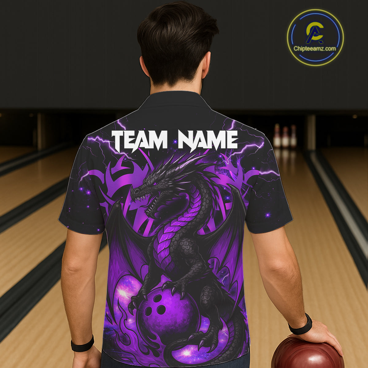 Custom Black and Purple Lightning Thunder Skull Dragon Bowling Button-up Shirts, Team Bowling Jerseys NQS11641