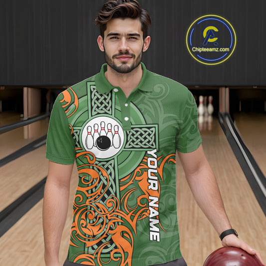 Green and orange Irish Tribal Cross St Patrick's Day Mens bowling shirts Custom Lucky Bowling Jerseys NQS11255