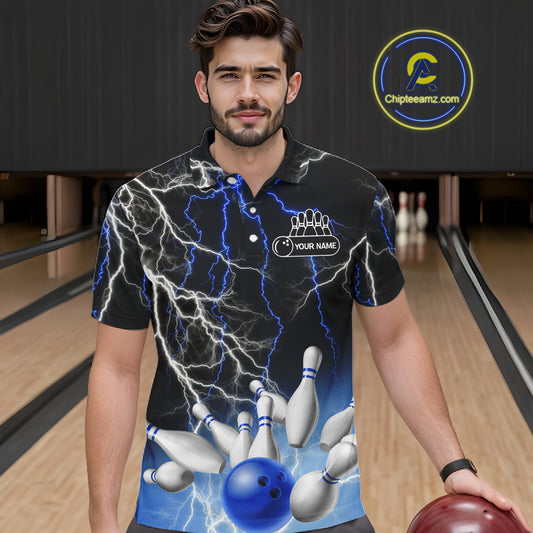 Men's bowling Polo, Quarter Zip shirts Custom Blue lightning thunder team bowling league jerseys NQS11261