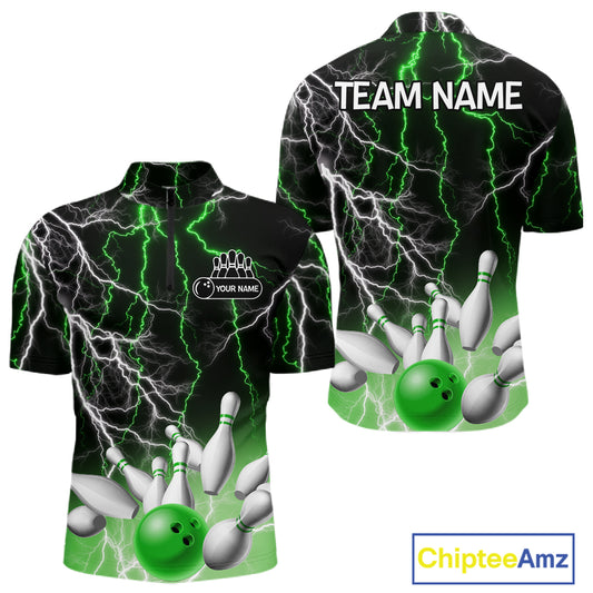 Men's bowling Polo, Quarter Zip shirts Custom Green lightning thunder team bowling league jerseys NQS11262