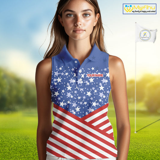 Red, White and Blue Women sleeveless polo shirt Custom American Flag patriotic ladies Golf attire NQS10137