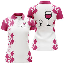 Load image into Gallery viewer, White Pink argyle pattern womens golf shirt Golf & wine custom name womens golf polo shirt NQS3924