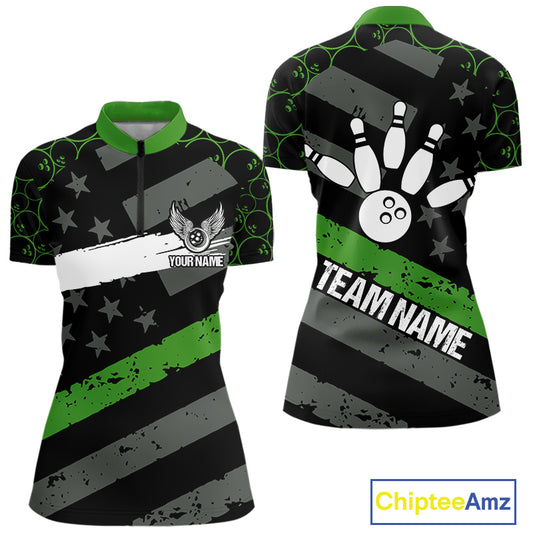 Black American flag Women bowling shirts Custom bowling camo Team Jerseys, gift for Bowlers | Green NQS10896
