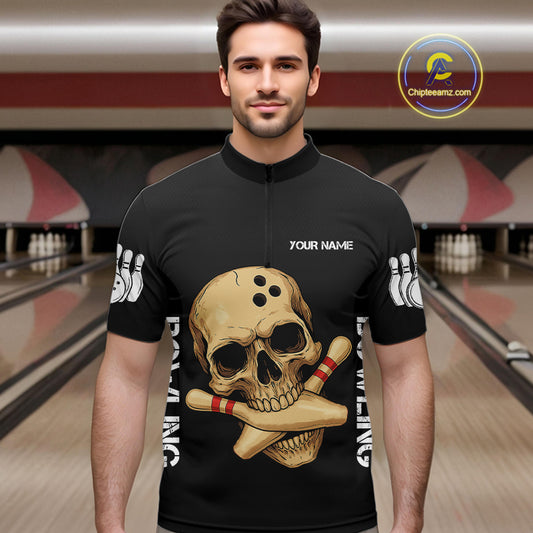 Personalized Skull Bowling Shirts For Men Custom Team's Name Skull Bowler Jerseys | Black NQS11081