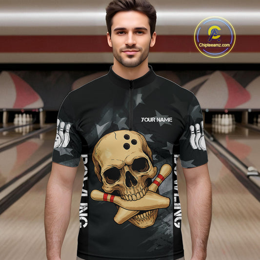 Personalized Black American Flag Skull Bowling Shirts For Men Custom Team's Name Skull Bowler Jerseys NQS11082