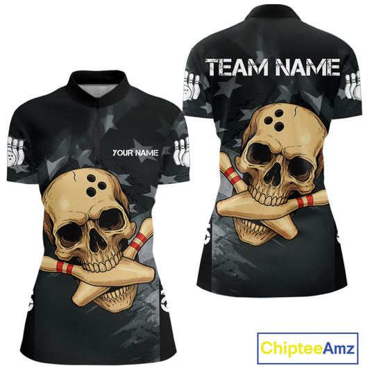Personalized Black American Flag Skull Bowling Shirt For Women Custom Team's Name Skull Bowler Jersey NQS11082