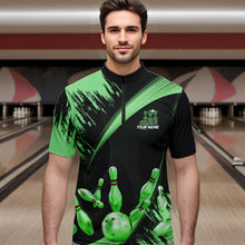 Load image into Gallery viewer, Personalized Black and Green Bowling Polo, Quarter Zip Shirts For Mens Custom Bowling Team Jersey NQS9724