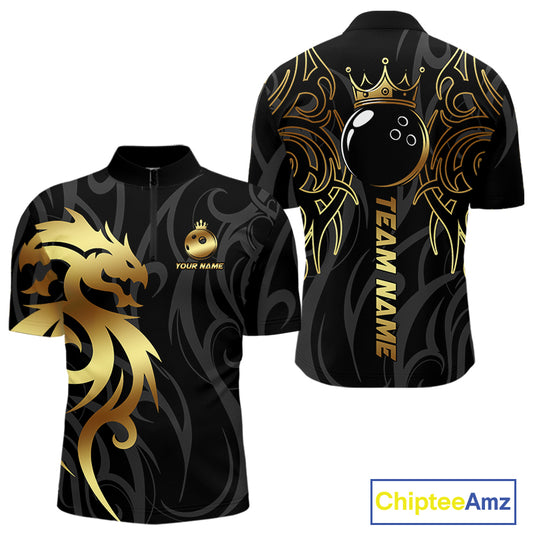 Black and Gold Dragon tribal crown Bowling ball Shirts for Men Custom Bowling Team League Jerseys NQS10903