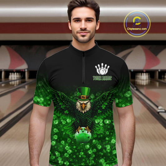 Green shamrock St Patrick's Day Eagle Skull Men's Bowling Shirts Custom Lucky Bowling Team Jersey NQS11287
