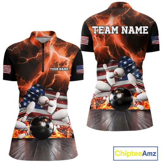 Orange Lightning thunder American Flag Bowling Shirt For Women Custom Bowling Team League Jersey NQS10291