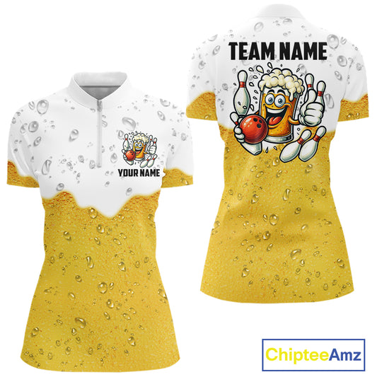 Custom White And Yellow Funny Beer Bowling Women Polo, Quarter Zip Shirts, Beer Glass Bowling Jersey NQS10918