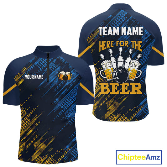 Blue and Yellow Pattern Bowling Shirt For Men Custom Here For The Beer Funny Bowling Tournament Shirt NQS10717