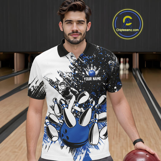 Black and White Men Bowling Polo, Quarter Zip Shirt Custom bowling jersey, mens bowling outfit | Blue NQS11305
