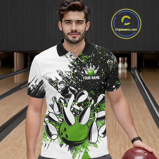 Black & White Men Bowling Polo, Quarter Zip Shirt Custom bowling jersey, mens bowling outfit | Green NQS11306