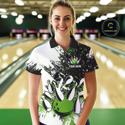 Black & White Women Bowling Polo, 1/4 Zip Shirts Custom bowling jersey, girls bowling outfit | Green NQS11306