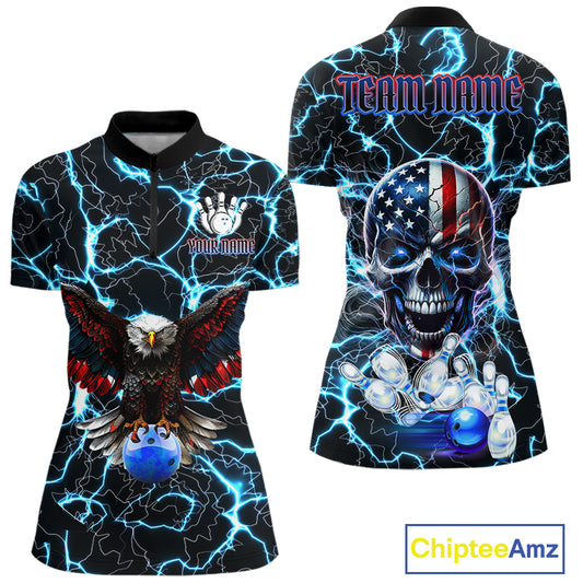 American Flag Eagle Skull Blue Lightning Thunder Women Bowling Shirts Custom Bowling Team Jersey NQS10725