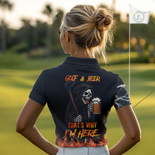Load image into Gallery viewer, Funny Skull Reaper Lightning Flame Golf Polo Shirts For Women custom Golf & Beer That's why I'm here NQS10932