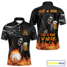 Load image into Gallery viewer, Funny Skull Reaper Lightning Flame Golf Polo Shirts For Men custom Golf & Beer That's why I'm here NQS10932