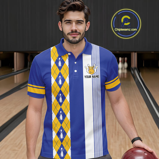 Retro Blue and Yellow argyle pattern Bowling shirts For Men custom bowling team jersey Bowler Outfits NQS11108