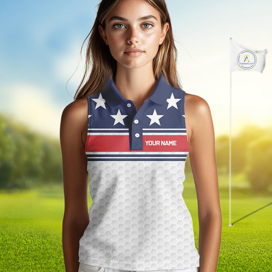 Red, White and Blue American Flag Women sleeveless golf polo shirt custom patriotic ldies golf attire NQS10006
