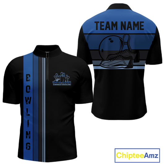 Black and Blue Retro Bowling Polo, Quarter Zip Shirts for Men Custom Team Bowling League Jerseys NQS10746