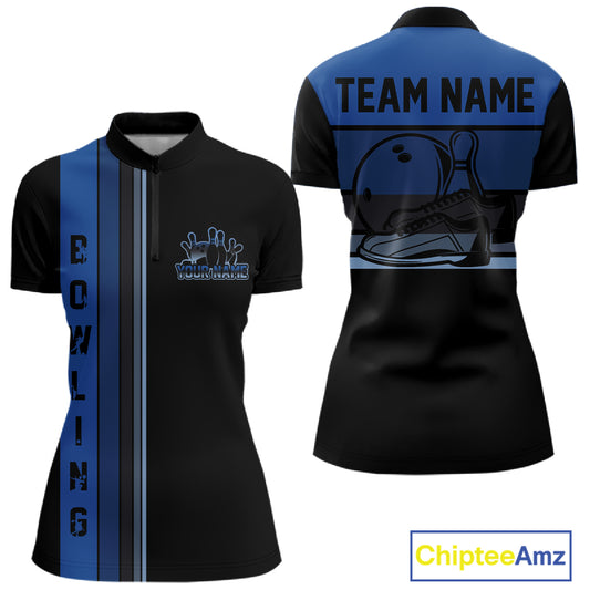 Black and Blue Retro Bowling Polo, Quarter Zip Shirts for Women Custom Team Bowling League Jerseys NQS10746