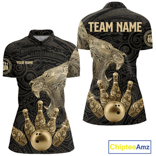 Black and Gold Lion Tribal Bowling Polo, 1/4 Zip Shirts For Women Custom Retro Bowling Team Jerseys NQS11149