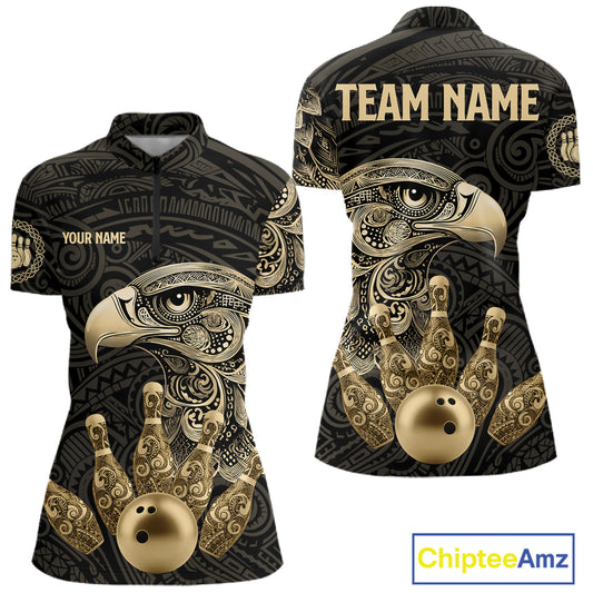 Black and Gold Eagle Tribal Bowling Polo, 1/4 Zip Shirts For Women Custom Retro Bowling Team Jerseys NQS11150