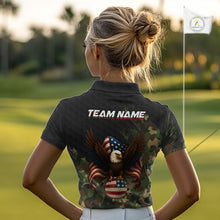 Load image into Gallery viewer, Black and Green Camo American Flag Eagle Golf Polo Shirts For Women Custom Patriotic Team Golf Jersey NQS10953