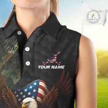 Load image into Gallery viewer, Black & Green Camo American Flag Eagle Womens sleeveless polo shirt Custom Patriotic Team Golf Jersey NQS10953