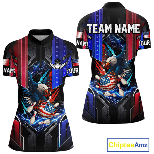 American flag bowling jersey Custom patriotic Lightning Thunder Eagle Bowling shirts for Women NQS10958