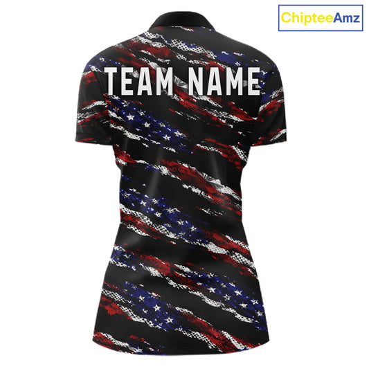 Black American Flag pattern bowling shirt for Women custom patriotic jersey team ladies bowling gifts NQS11552