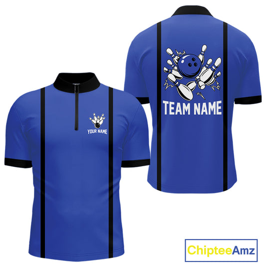 Retro Bowling Polo, Quarter Zip shirts For Men custom bowling team shirts Bowler Outfits | Blue NQS10546