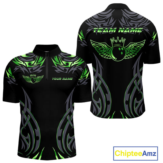 Personalized Black And Green tribal pattern Bowling Shirts For Men, angel wings Bowling Team jerseys NQS10759
