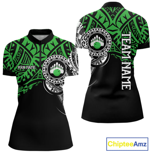 Personalized Black and Green Tribal pattern Women Bowling Shirt Custom Team Bowling outfit for ladies NQS10763