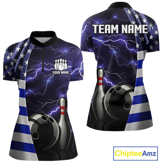 Blue Lightning Thunder American Flag Bowling Shirts For Women Custom patriotic team bowling jerseys NQS10960