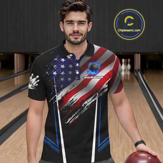 Personalized American Flag Bowling Team Shirts For Men, Black and Blue Patriotic Bowling Gifts NQS11357