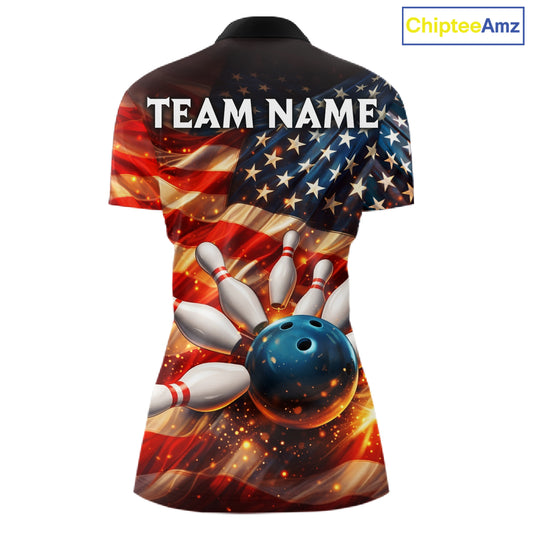 American Flag Bowling Ball and pins Bowling Shirts for Women Custom Patriotic Bowling Team jerseys NQS11698