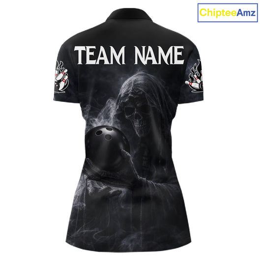 Custom Smoke Skull reaper Bowling Polo, 1/4 Zip Shirts for Women, Team bowling outfit Jerseys NQS11596