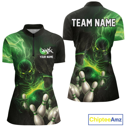 Black and green lightning skull Bowling polo, 1/4 Zip shirts for Women custom Bowling team Jersey NQS10809