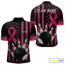 Load image into Gallery viewer, Black and Pink ribbon American Flag Breast Cancer Bowling Shirts For Men Custom Bowling Team Jerseys NQS9841