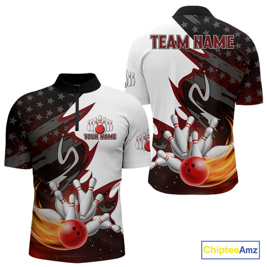 Black and White American flag Bowling jersey Custom Patriotic Bowling Polo, 1/4 Zip Shirts For Men NQS10999