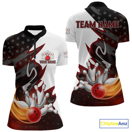 Black and White American flag Bowling jersey Custom Patriotic Bowling Polo, 1/4 Zip Shirts For Women NQS10999