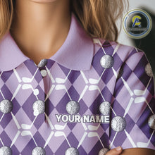 Load image into Gallery viewer, Women golf polo shirts custom purple argyle plaid pattern golf attire for ladies, golfer gifts NQS10078